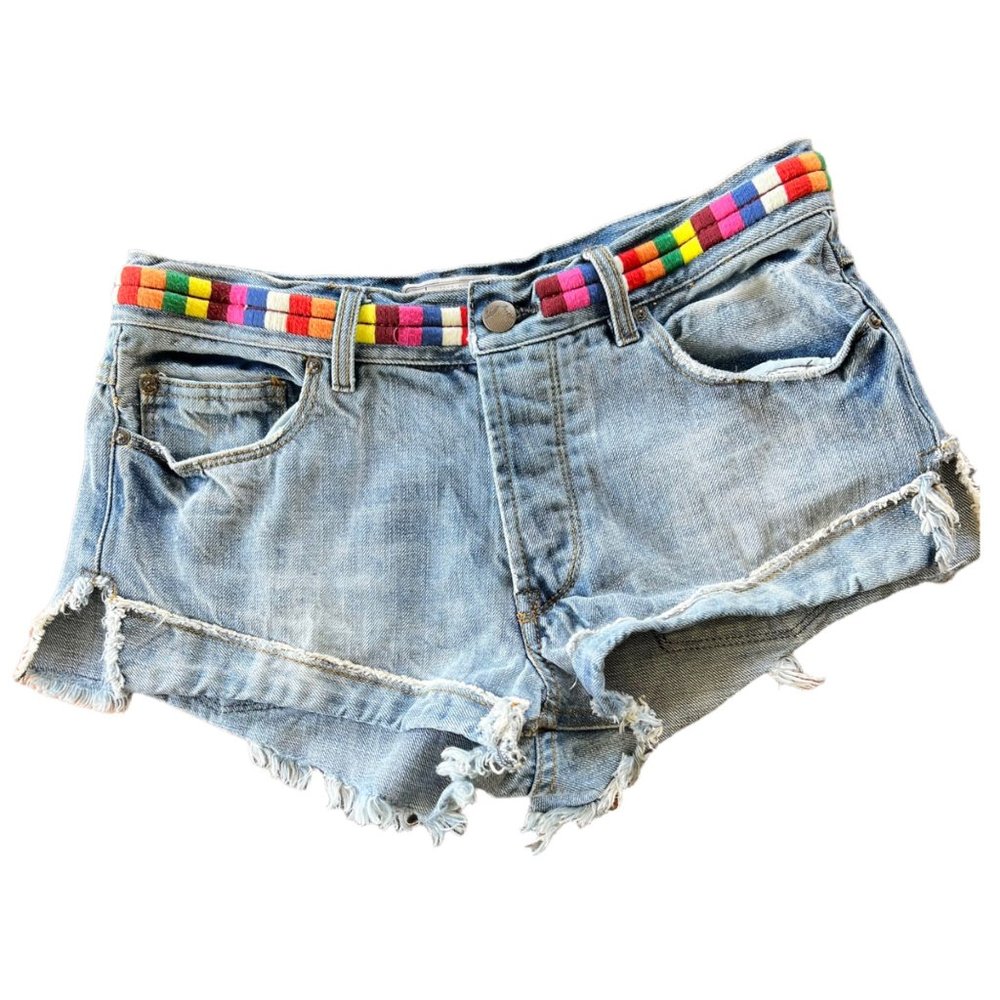 Free People Light Wash Boho Embroidered Eliot Denim Shorts